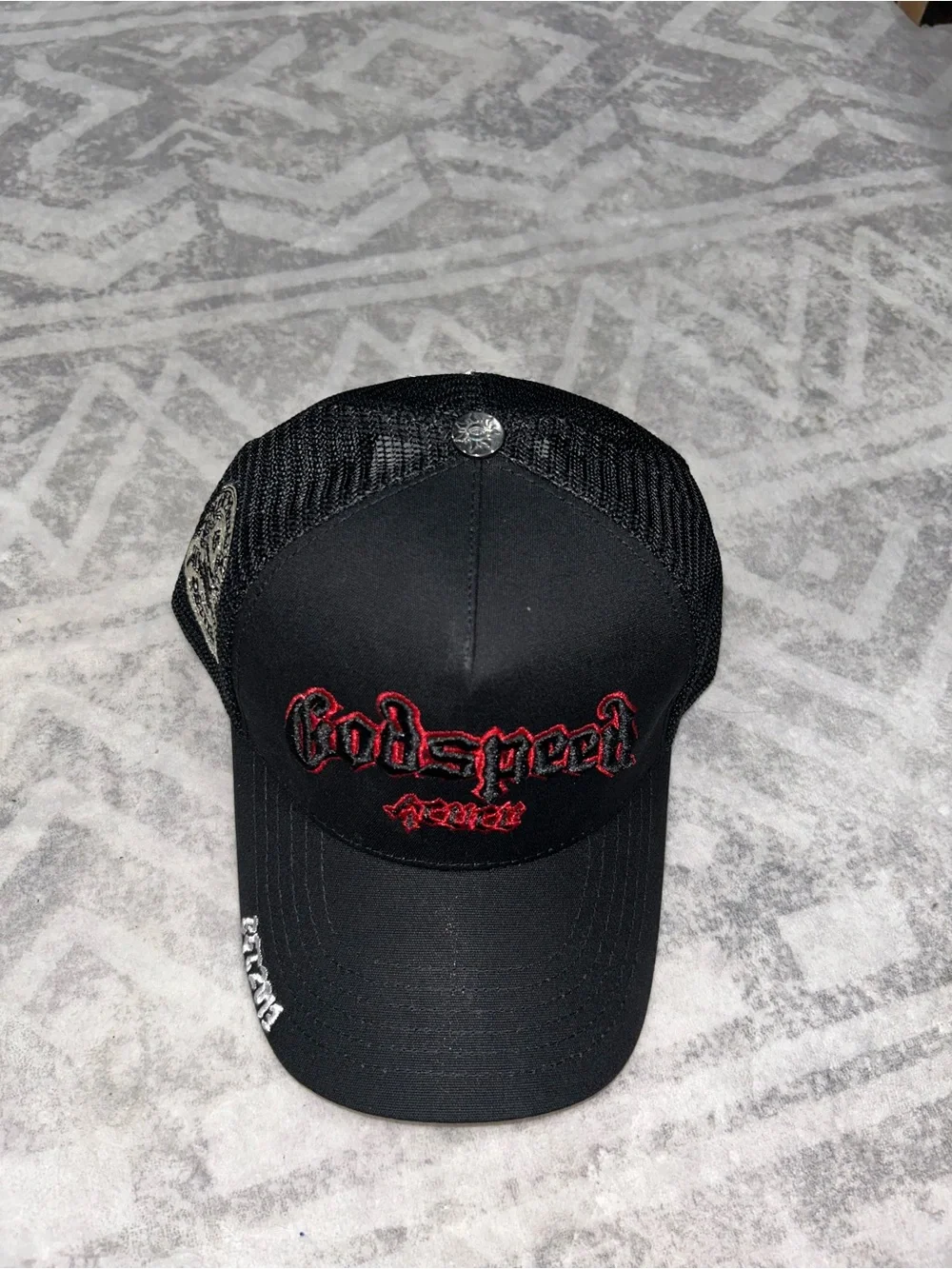 Black Trucker Cap with Red 'Godspeed' Gothic Embroidered Logo